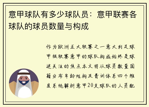 意甲球队有多少球队员：意甲联赛各球队的球员数量与构成