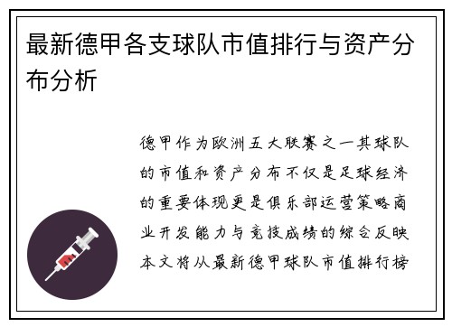 最新德甲各支球队市值排行与资产分布分析