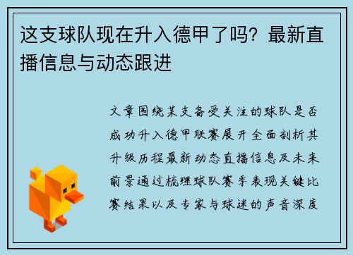 这支球队现在升入德甲了吗？最新直播信息与动态跟进